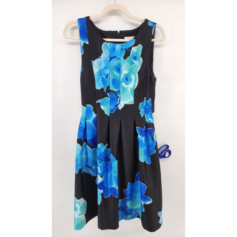 Calvin Klein Small Blue Orchid Floral Scuba Fit and Flare Dress Black Sleeveless